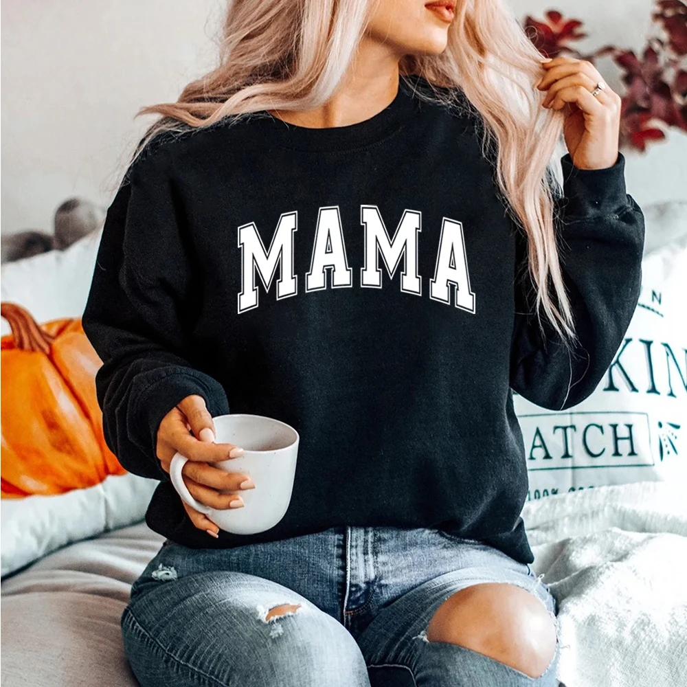 Mama Varsity Sweatshirt Mom Life Hoodie Super Mom Shirt Mother\'s Day Tops Women Fashion Crewneck Sweatshirts