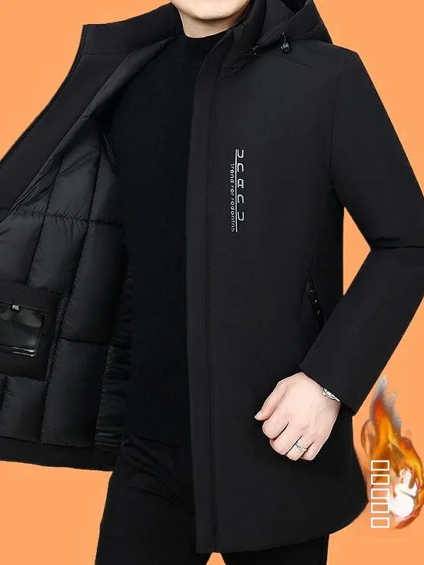 

Men's Winter Thickened Cotton Jacket Hooded Mid-Length Simple Dad Clothes Business Gentleman Style Polyester Fiber Fill