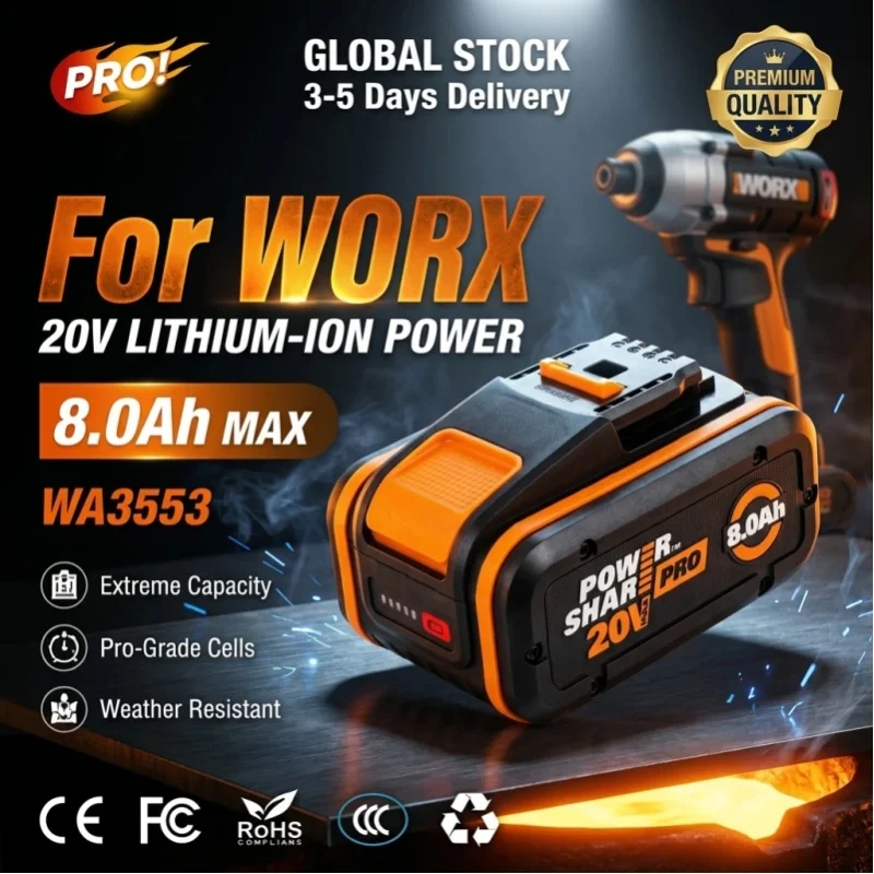 Für Worx Original 20V 8,0Ah Hochleistungs-Lithium-Akku, WA3553 WA3551 WA3553.1 WA3570 ist geeignet als Ersatz für Worx 20V staubfreie Elektrowerkzeug-Akkus.