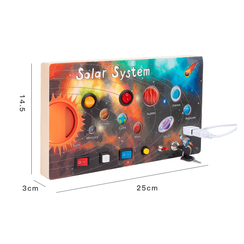 Solar System LED Light Busy Board Wooden Electronic Busyboard Switch Physical Educational Montessori Toys for Kids Daily Skill