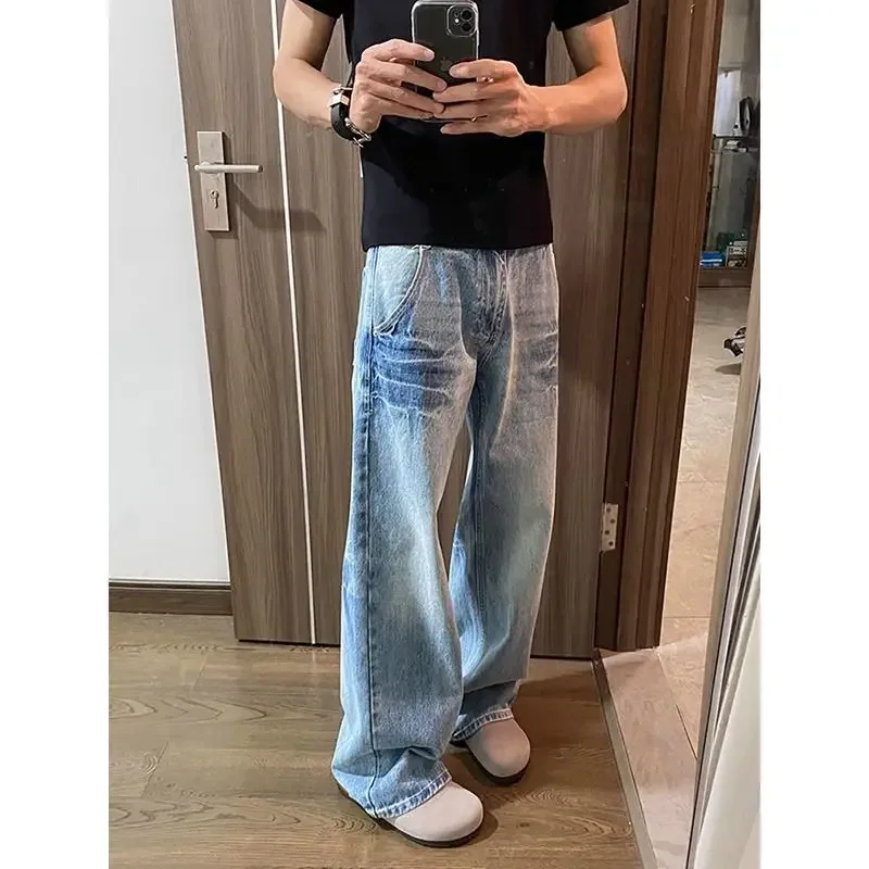 Vintage Washed Jeans Leg Loose Straight 2024 New  Y2K High Waist Men's Trousers Korean Fashion Casual American Retro Pants