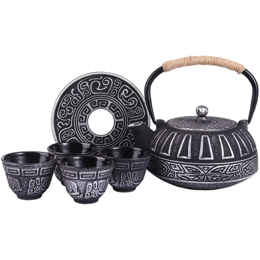 

Чугунный чайник в японском стиле с заварником и эмалированной внутренней частью для верхней плиты, 28-унций, чайник ручной работы с 4 совпадениями