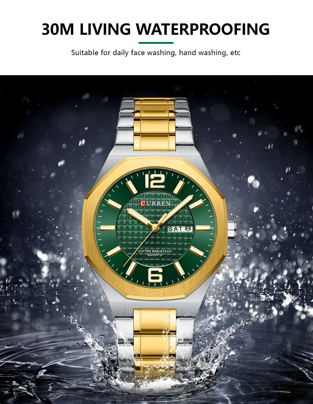 CURREN Herren-Businessuhr Quarz mit Tages- und Datumsanzeige, Edelstahlarmband, schlanke Armbanduhr für Männer, Leuchtzeiger – Detail 5