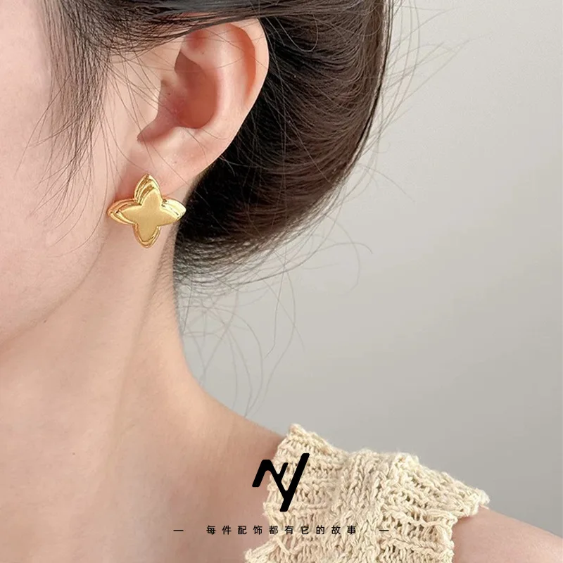 Cynlo Jewelry Luxury 24K 9999 Pure Gold real gold Women's brushed four-corner star stud earrings