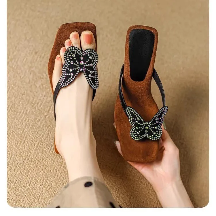 Chanclas de goma para mujer, zapatos bajos con purpurina, zapatillas informales con nudo de mariposa y punta cuadrada, gelatina Hawaiana de lujo, 2024