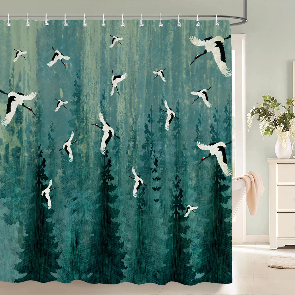 Japanese Red Crowned Crane Forest Print Shower Curtain Waterproof Polyester Fabric Bathroom Curtain With Hooks Quick Dry Washabl