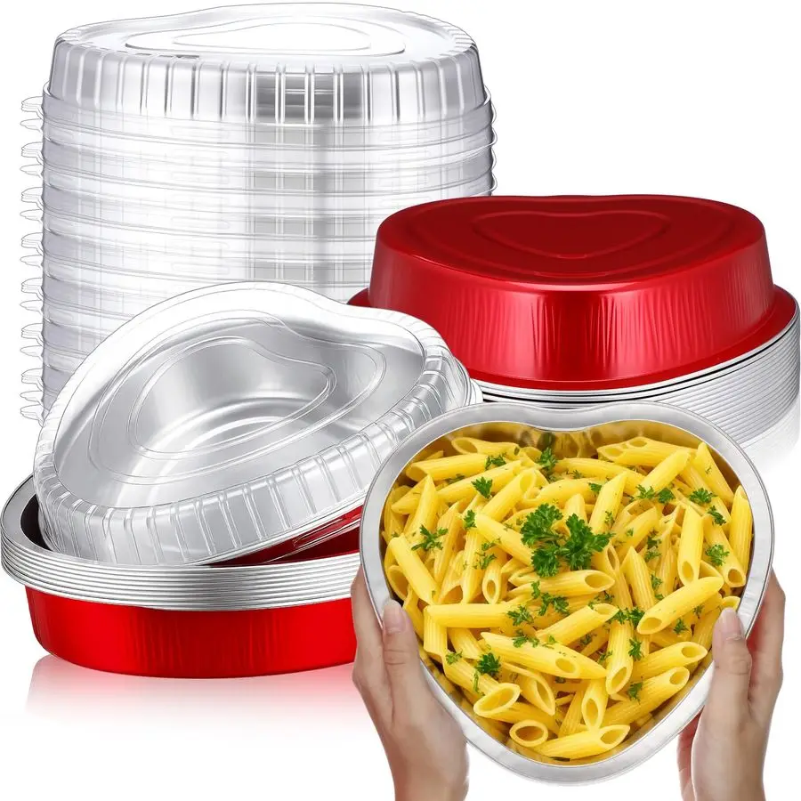 

25 комплектов больших фольгированных форм для торта в форме сердца на День святого Валентина с крышкой, 33,8 унций, алюминиевые формы для выпечки в форме сердца, противень, чашки для выпечки десертов для