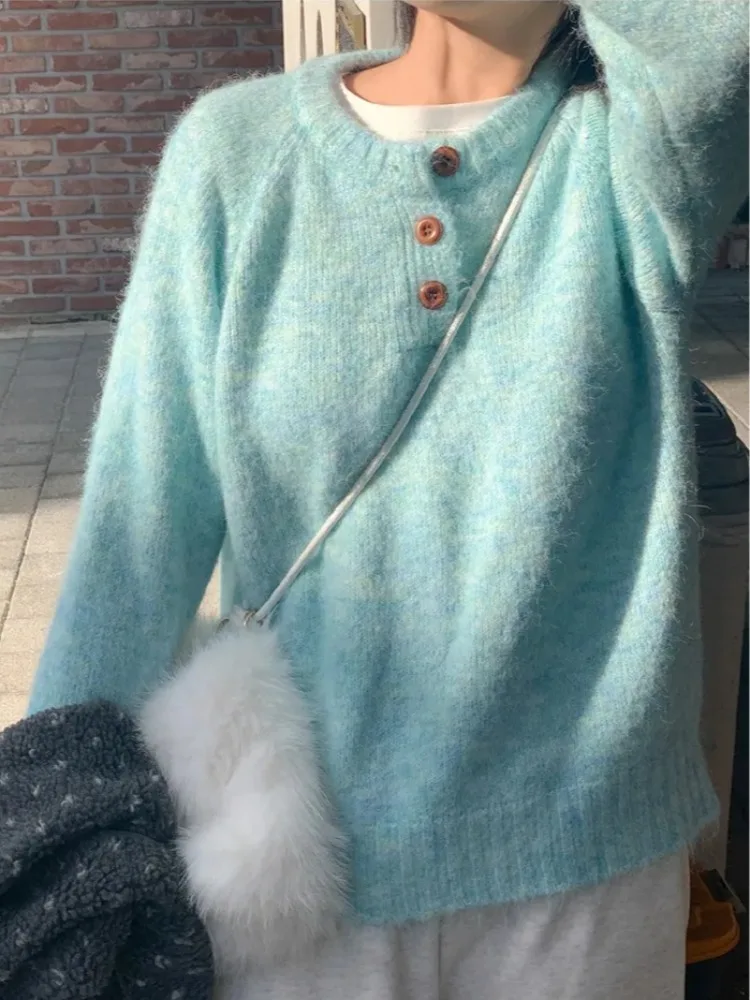 

Korean Sle Soft Cozy f Open Collar Pullover Knitwear Women's Loose Lazy Basic Overhead Sweater Top Coat for Autumn Winter