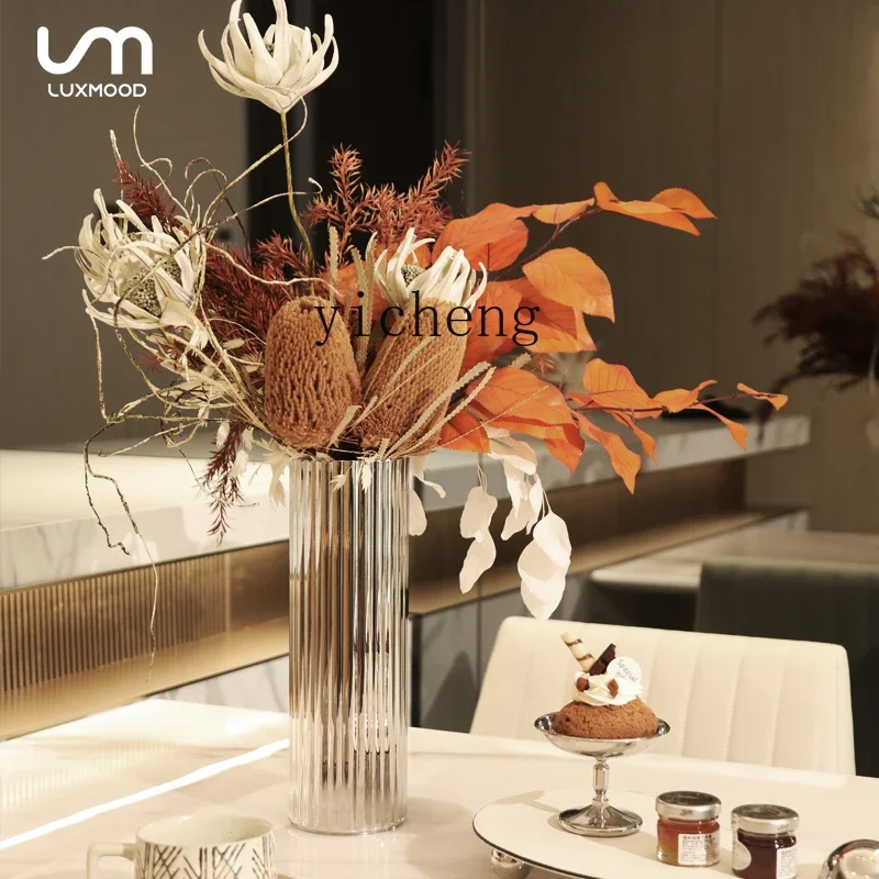 V7 Nordic stainless steel vase light luxury striped vase coffee table decorative flower arrangement device