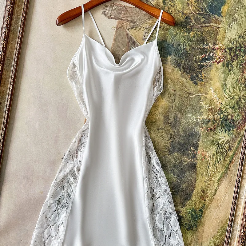 

Sexy Female Nightgown Patchwork Lace Suspender Lingerie Nightdress Summer Women's Sleepwear Home Dress Ice Silk Loungewear
