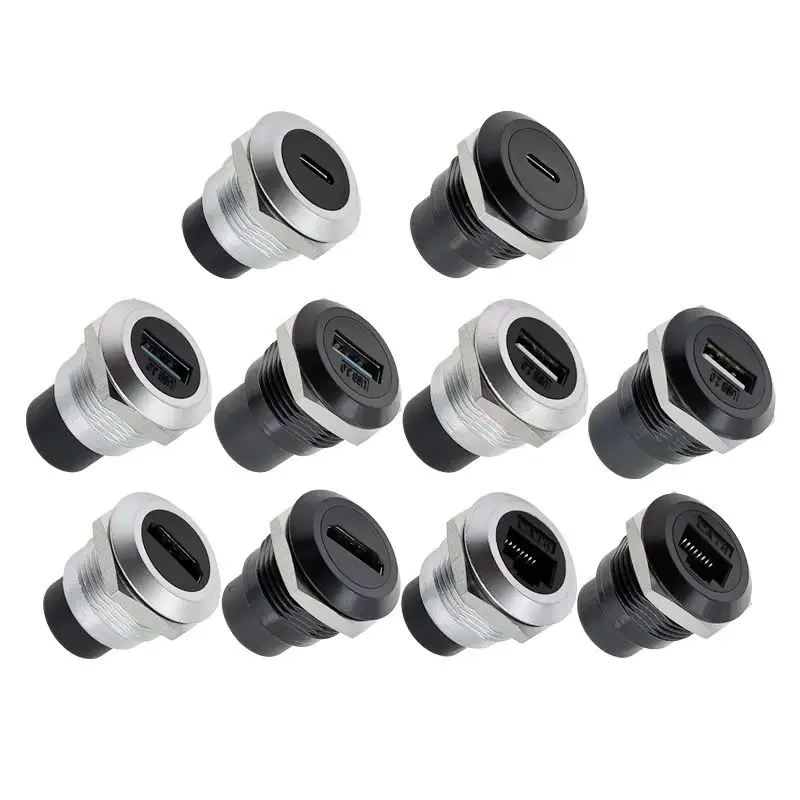 10Pcs Metal Round Socket D-Type RJ45 Network Connector Module USB2.0 USB3.0 Panel Mounting HDMI CAT6 Straight through