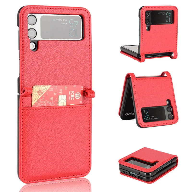

Plain Leather Skin Card Slot Cover Case for Samsung Galaxy Z Flip 3 5G Flip3 Non-Slip Cell Phone Fundas for Samsung Z Flip3