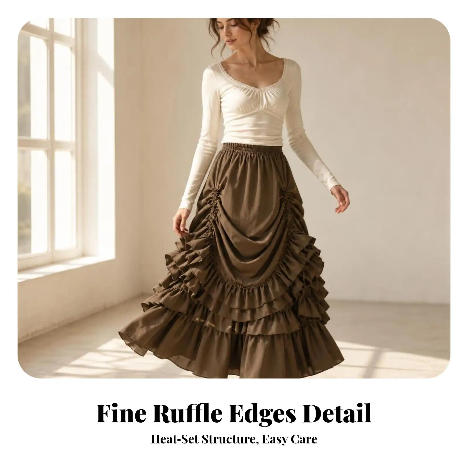 Women Vintage Asymmetric Ruffle Skirt Retro Layered Long Hem Polyester Flared Dance Wear Casual for Themed Party