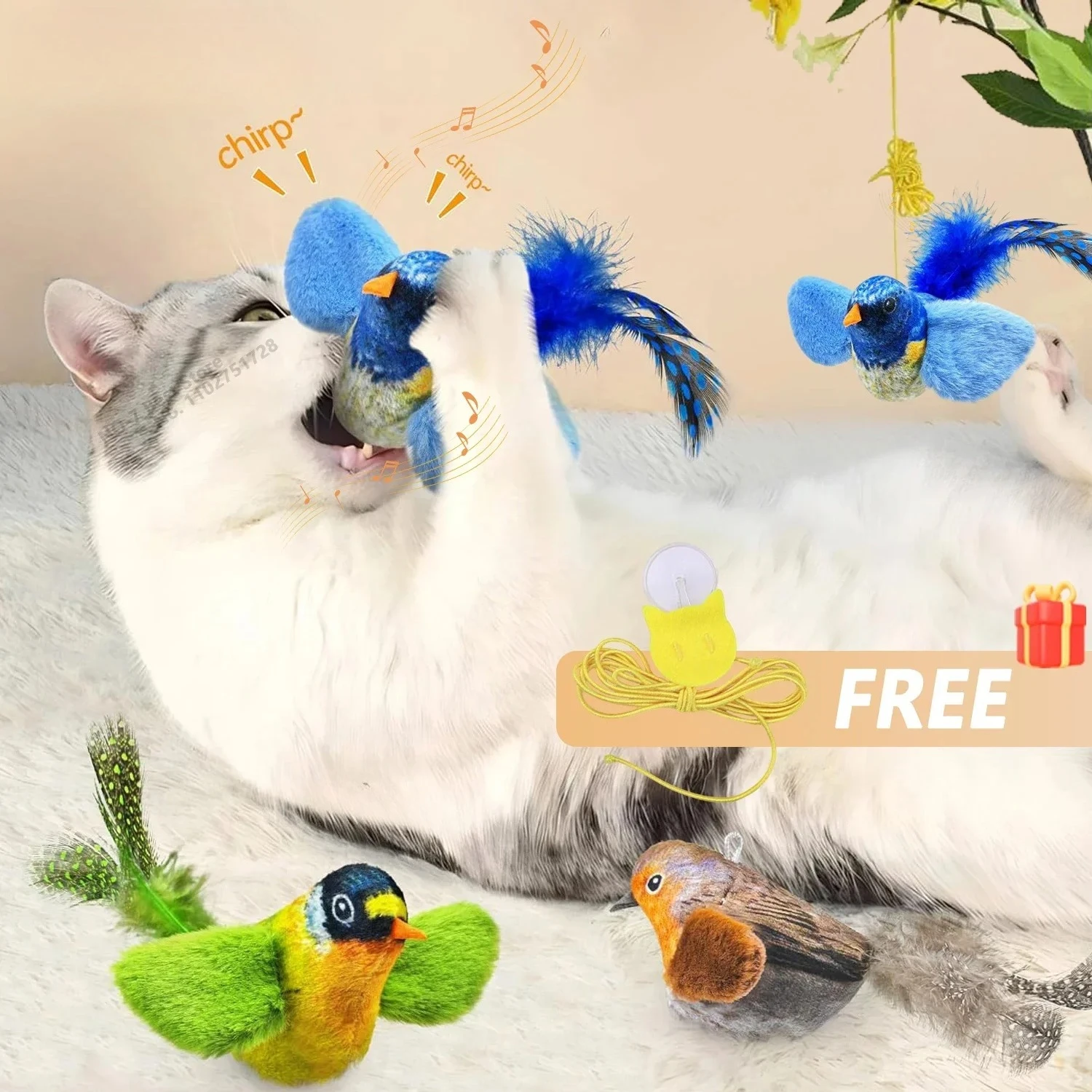 Interaktives Vogelspielzeug für Katzen, Quietschendes Katzenminze-Teaser-Spielzeug zur Selbstbeschäftigung, Wandmontierbares Vogelspielzeug für Katzen