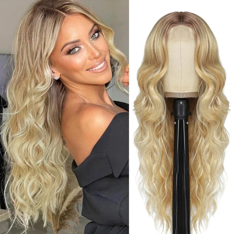 

European and American Style Women's Rose Net High Temperature Fiber Middle Part Big Wave Long Curly Hair Wig