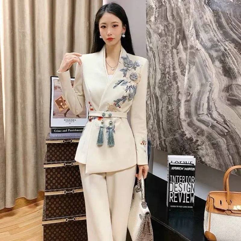 Vintage Women Spring Autumn 3D Floral Embroidery Suit Coat V-Neck Flowers Blazers Cardigan with Tassels Belt + Loose Long Pants