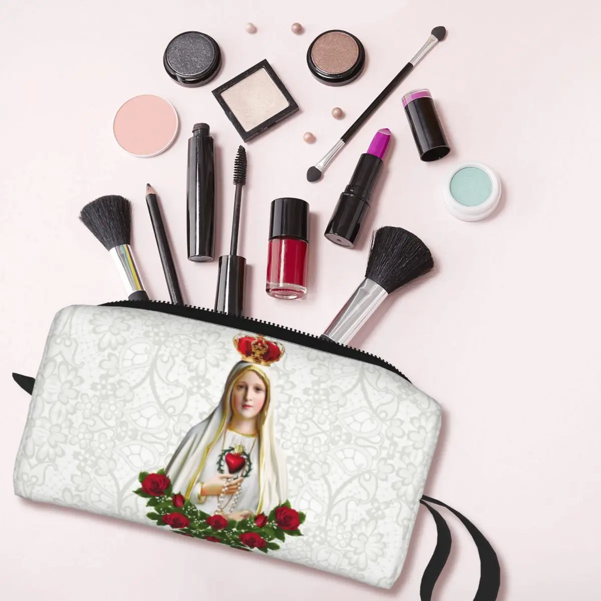 Custom Our Lady Of Fatima Virgin Mary Cosmetic Bag Portugal Rosary Catholic Toiletry Makeup Organizer Lady Beauty Storage Kit