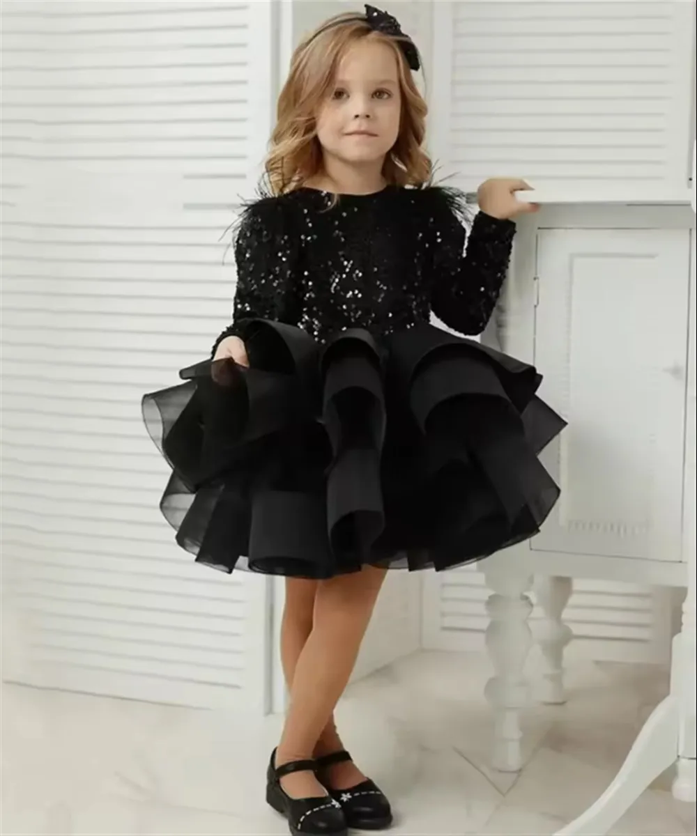 Abito da sposa per ragazza di fiore di lusso con volant nero con paillettes soffici strati per bambini, abito da festa di compleanno, abito da prima comunione personalizzato