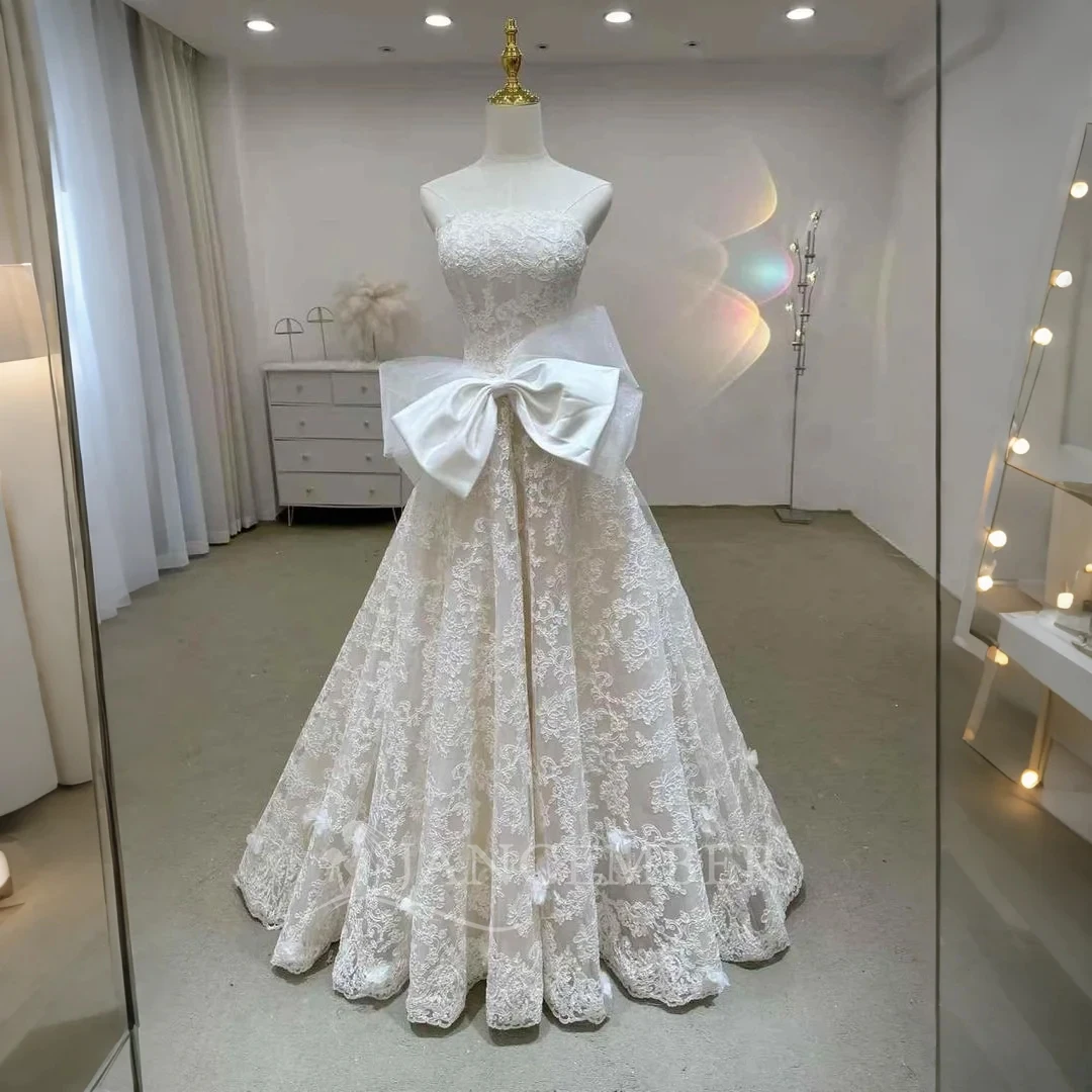 

Customized Strapless Superfine Sleeves A-line Wedding Dress With Bow Organza Court Train Princess Bridal Gown свадебное