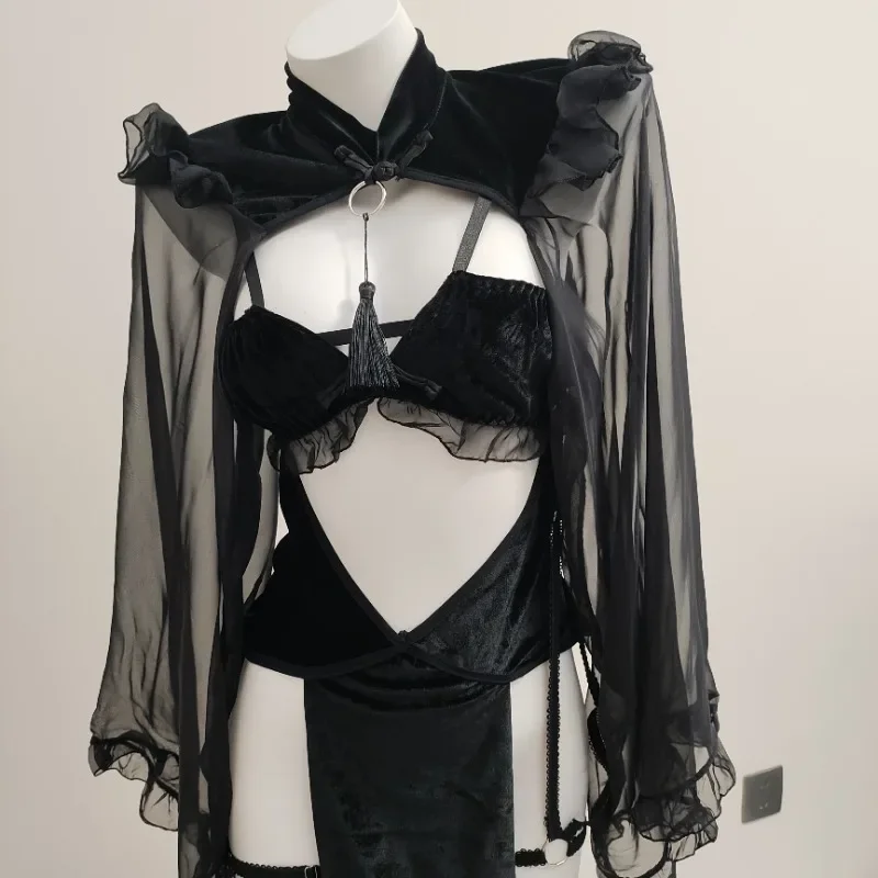 

Lolita Girl Evil Demon Anime Cosplay Costumes Erotic Sexy Maid Lingerie for Women Halloween Velvet Cheongsam Hollow Backless