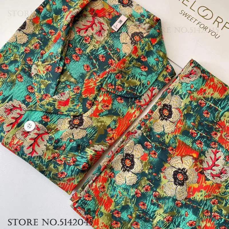 Novelty Print Flower Men Pajamas Set Loungewear Spring Summer Ice Silk Sleepwear Pijamas Suit Loose Casual Home Wear Nightwear