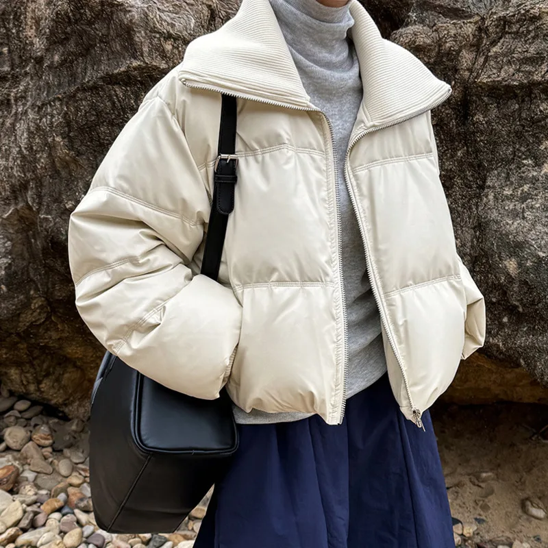 HKSH Winter New Women's Short Down Coat Knitted Large Lapel Patchwork PU Leather Zipper Versatile Casual Ins Warm Jacket HK14431