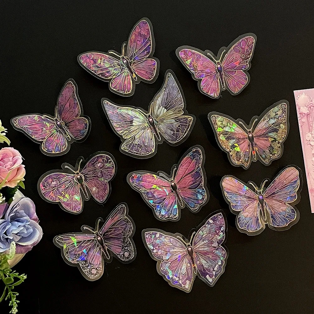 10PCS DIY Crafts Ice Crystal Laser Butterfly Sticker Vintage Aesthetic Handmade Butterfly Collage Sticker Shiny PET Scrapbooking