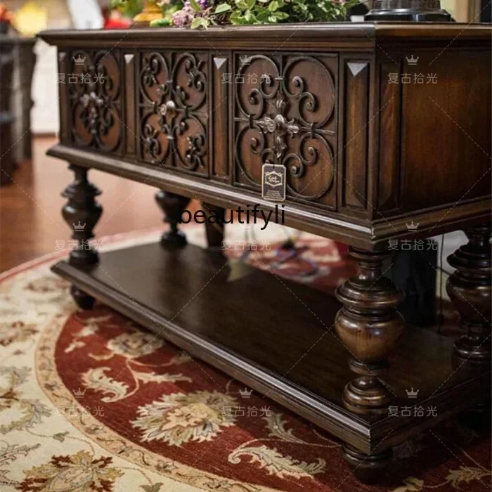 TTT Retro, American retro carved solid wood porch cabinet, living room against the wall storage and dining side cabinet