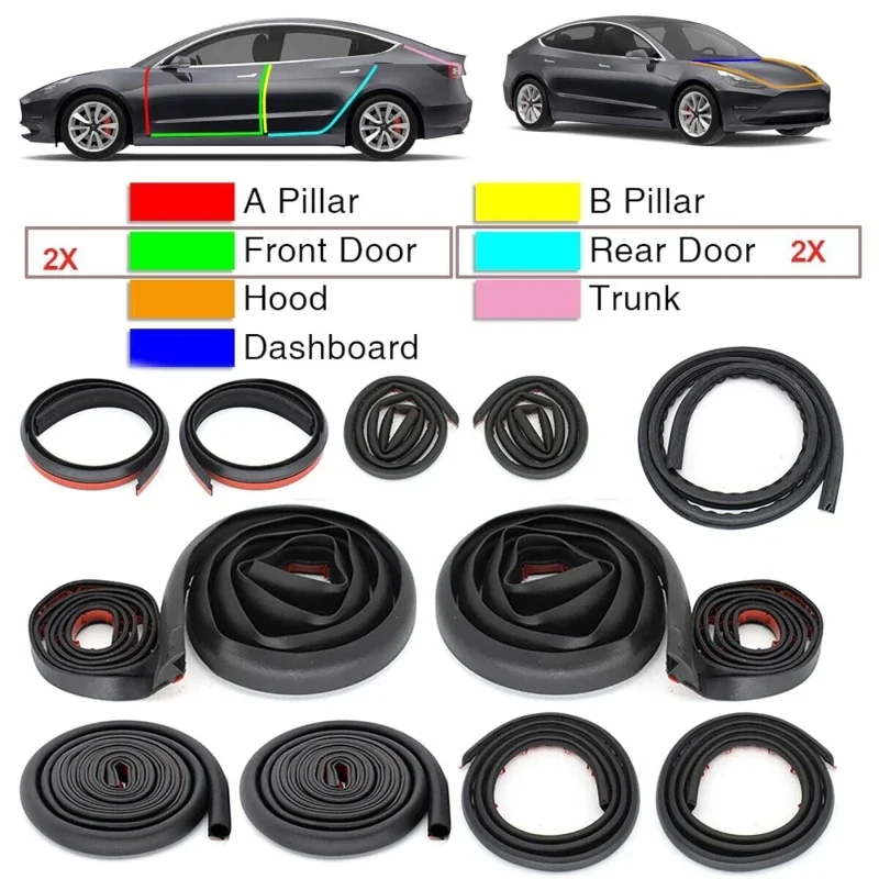 11pcs Full Car Door Sealant Strips Moulding Trim Rubber Noise Insulation Weatherstrips For Tesla Model 3 Y Trunk Door Sealings