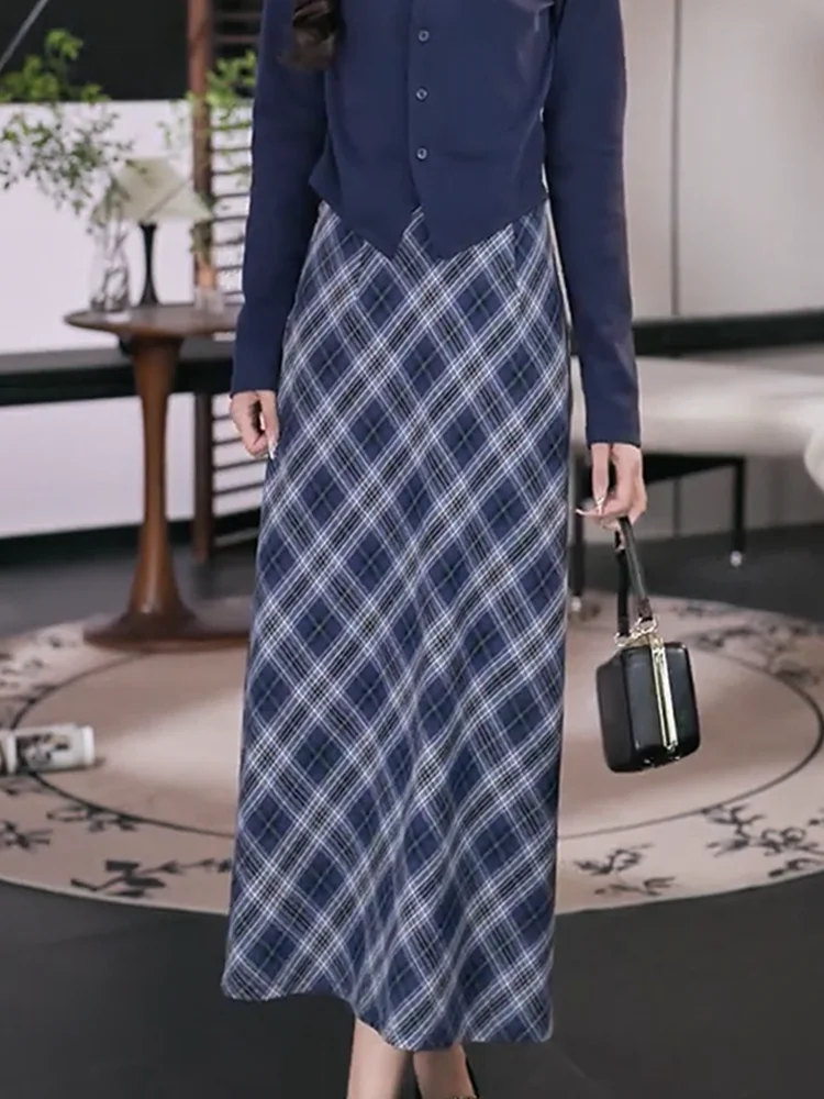 

Ретро-юбка в клетку с высокой талией, прямого кроя, женская, повседневная, миди, универсальная, осенне-зимняя, новинка, больших размеров.