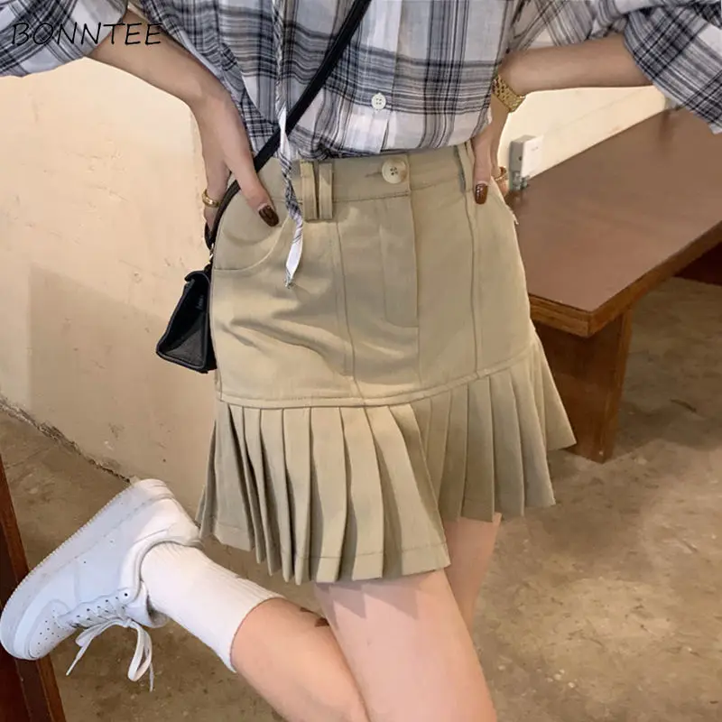 

Skirts Women Mini Solid Folds High Waist A-line Korean Style All-match BF College Fashion New Arrival Daily Sweet Popular Basic