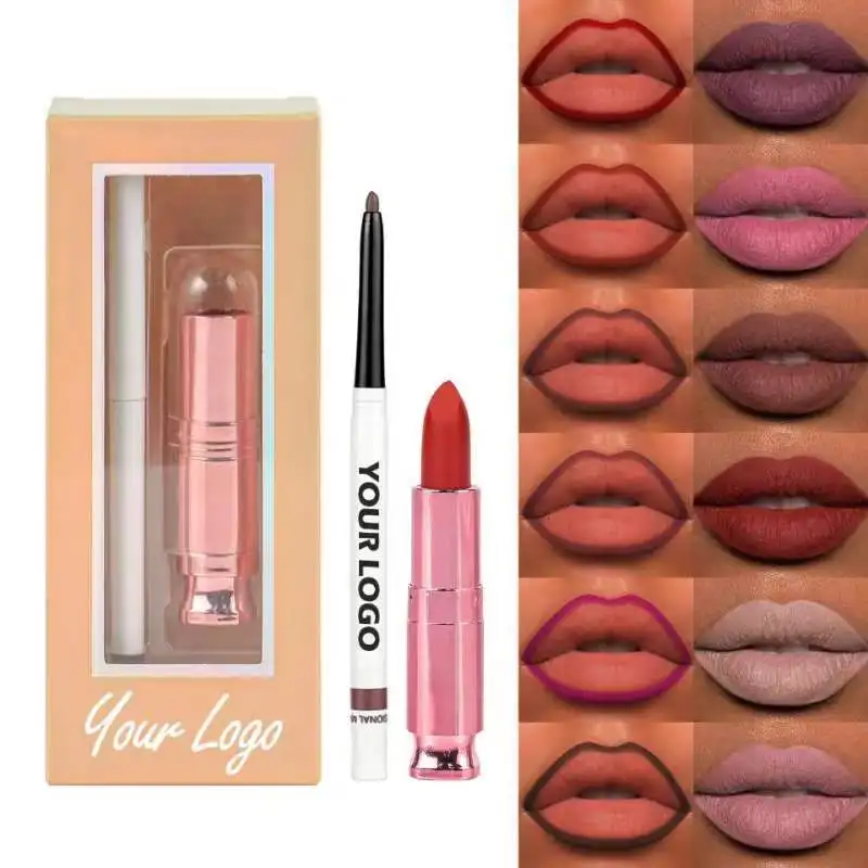 

Lipstick and Lipliner Set Own Brand Wholesale Cosmetic Lip Kit Matte Lipsticks Customized Logo No Labels Lip Liner Waterproof