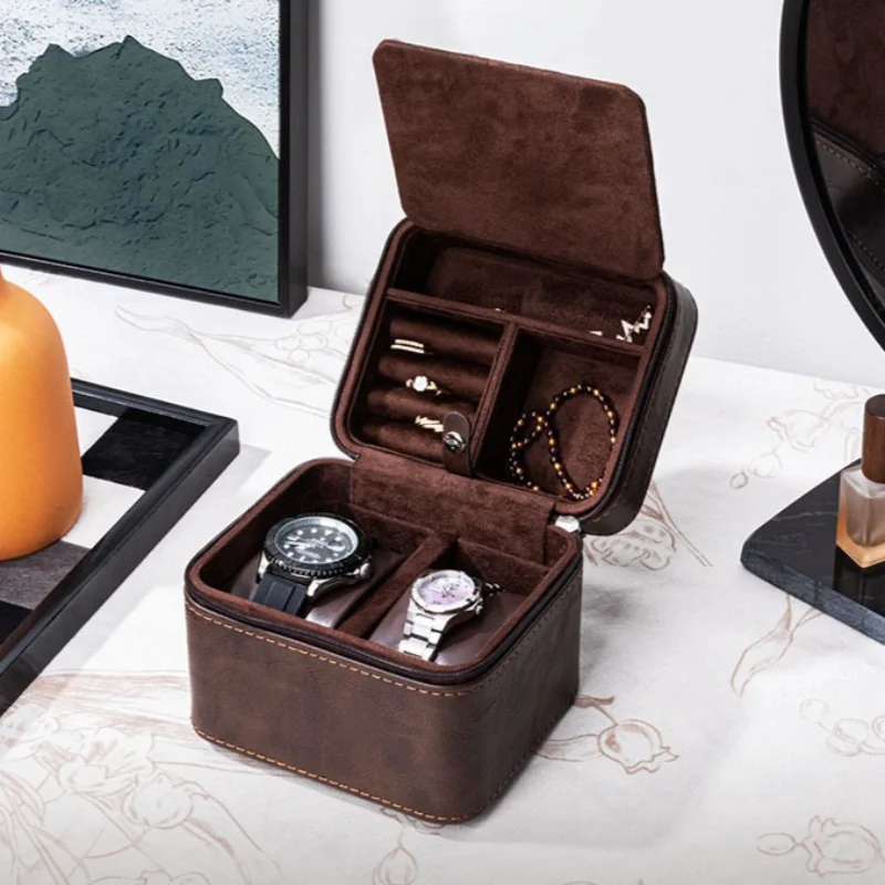 Leather Watch Box 2 Slots Wrist Watches Organizer Boxes Portable Travel Watch Storage Case Multifunctional Jewelry Organization
