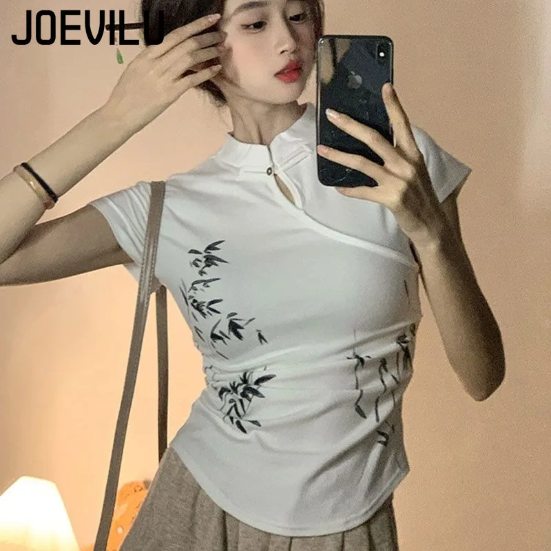 여성 여름 짧은 소매 티셔츠 새로운 중국 스타일 슬림 라운드 넥 우아한 캐주얼 다목적 섹시한 탑 간단한 기질 탑