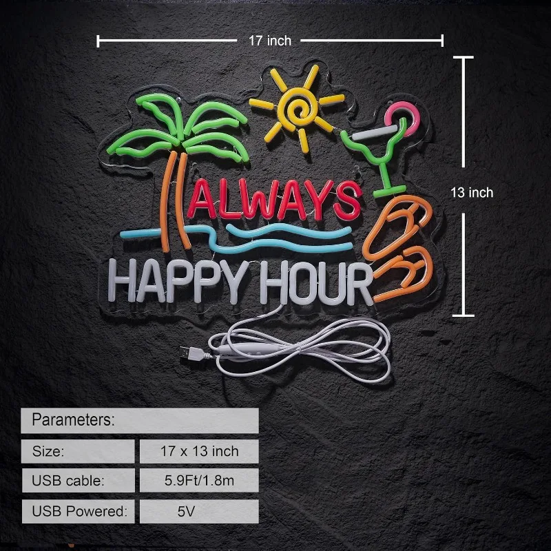 Always Happy Hour Beer Bar Neon Sign for Wall Décor Dimmable USBLED Neon Light for HomeBarGleaming Signature Decor  Parties Gift