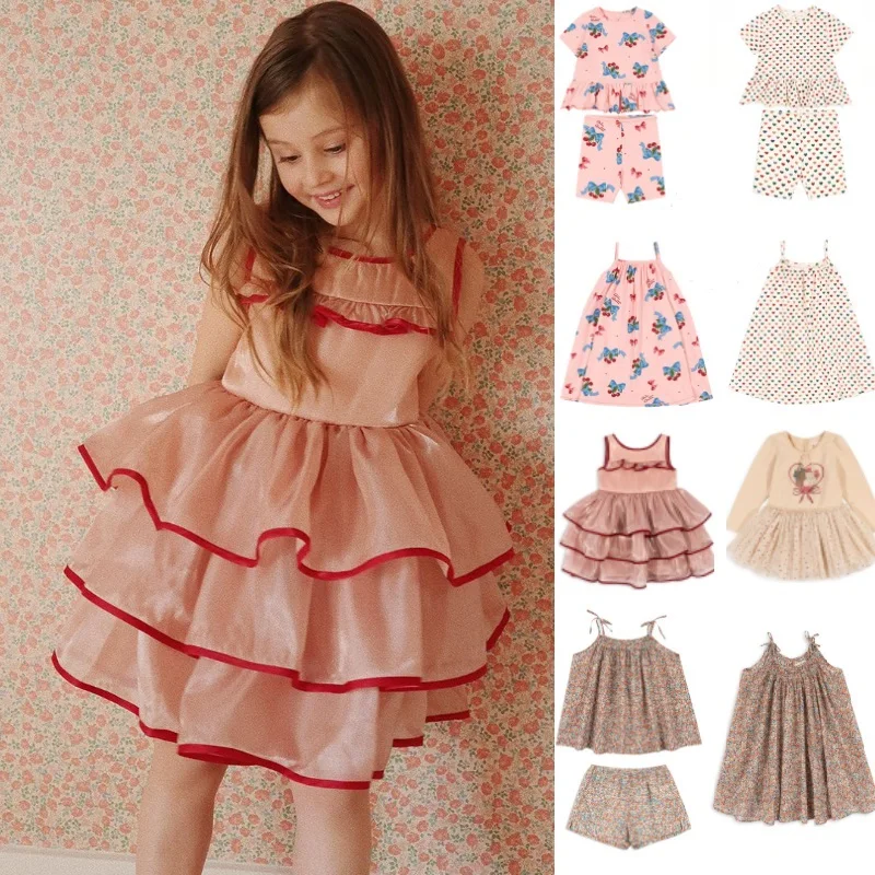 

Girls Dress 2025 Summer New Pink Floral Korean Version Of The Halter Dress Cotton Sweet Cute Girl Cake Dress Children's Clothing