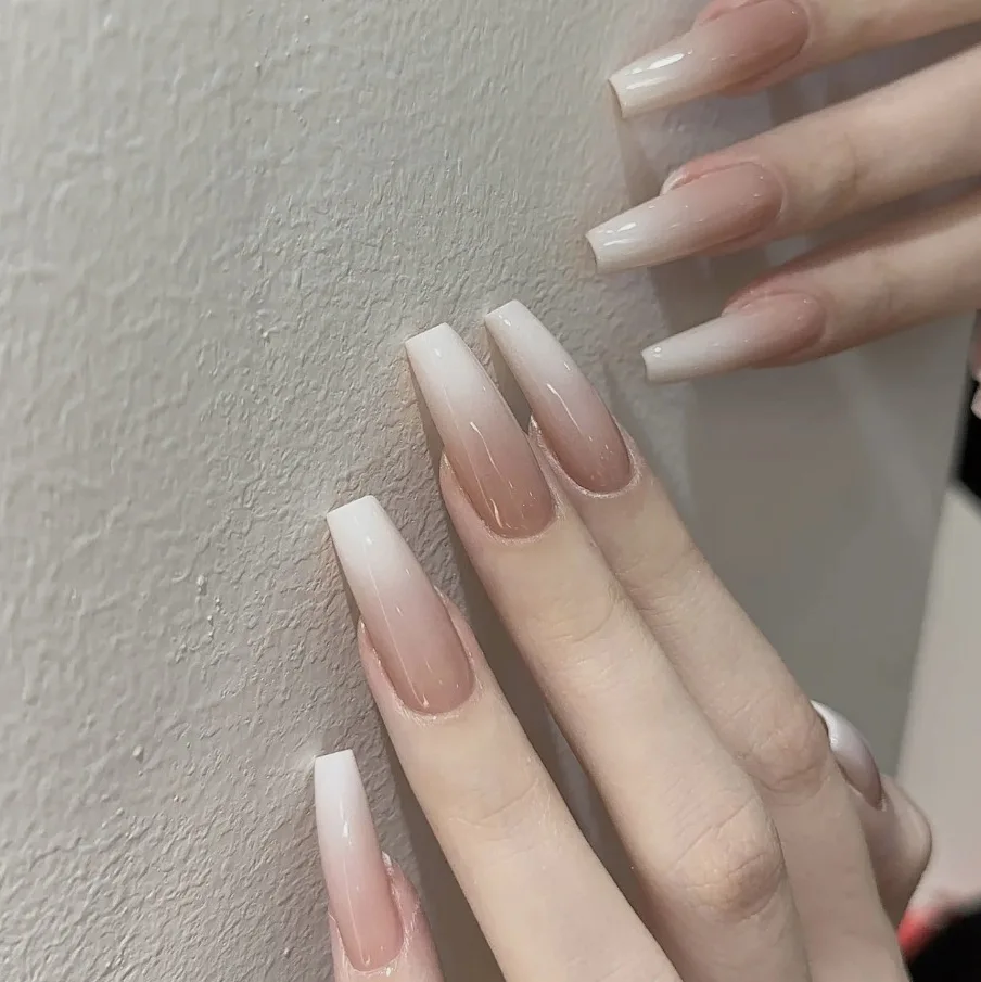 Nude Color Fake Nails Long Coffin Press on Nails Gradient Color False Nails Tips Gentle Wearable Manicure for Women Girls