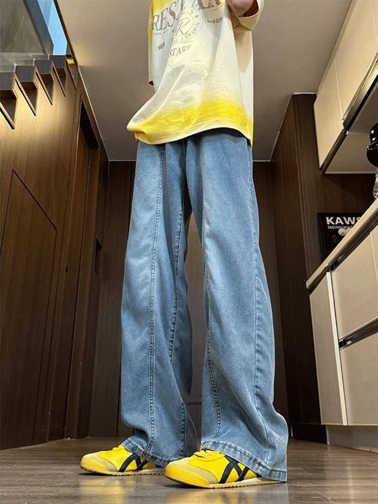 

Мужские летние тонкие джинсы Blue Ice Silk в американском уличном стиле, свободные прямые джинсы с широкими штанинами, средняя посадка на талии