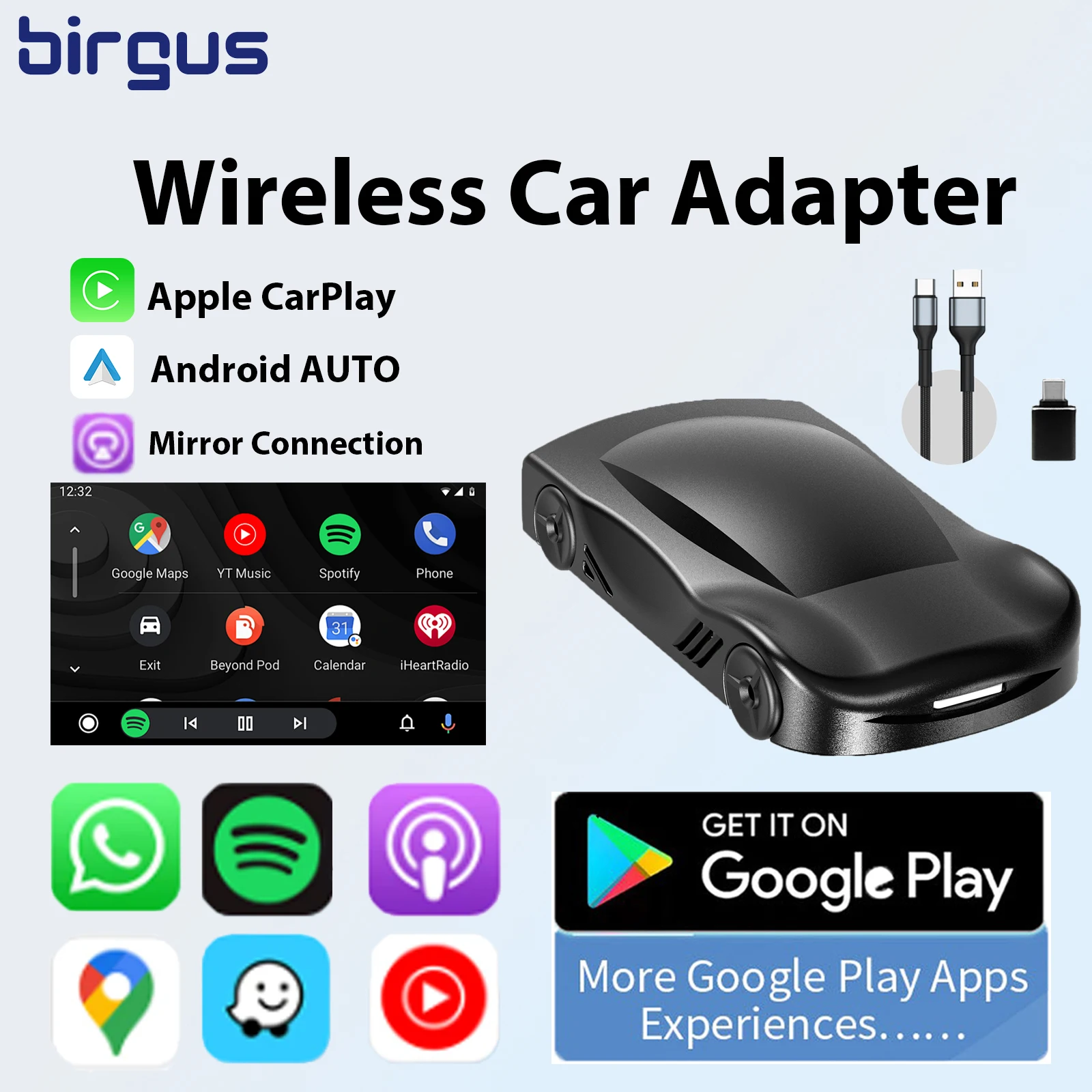 

Birgus C6 Carplay Ai Box Car Wireless Adapter For Netflix For YouTube 2G 16G Android 13 Car AI box Qualcomm 2290 chip