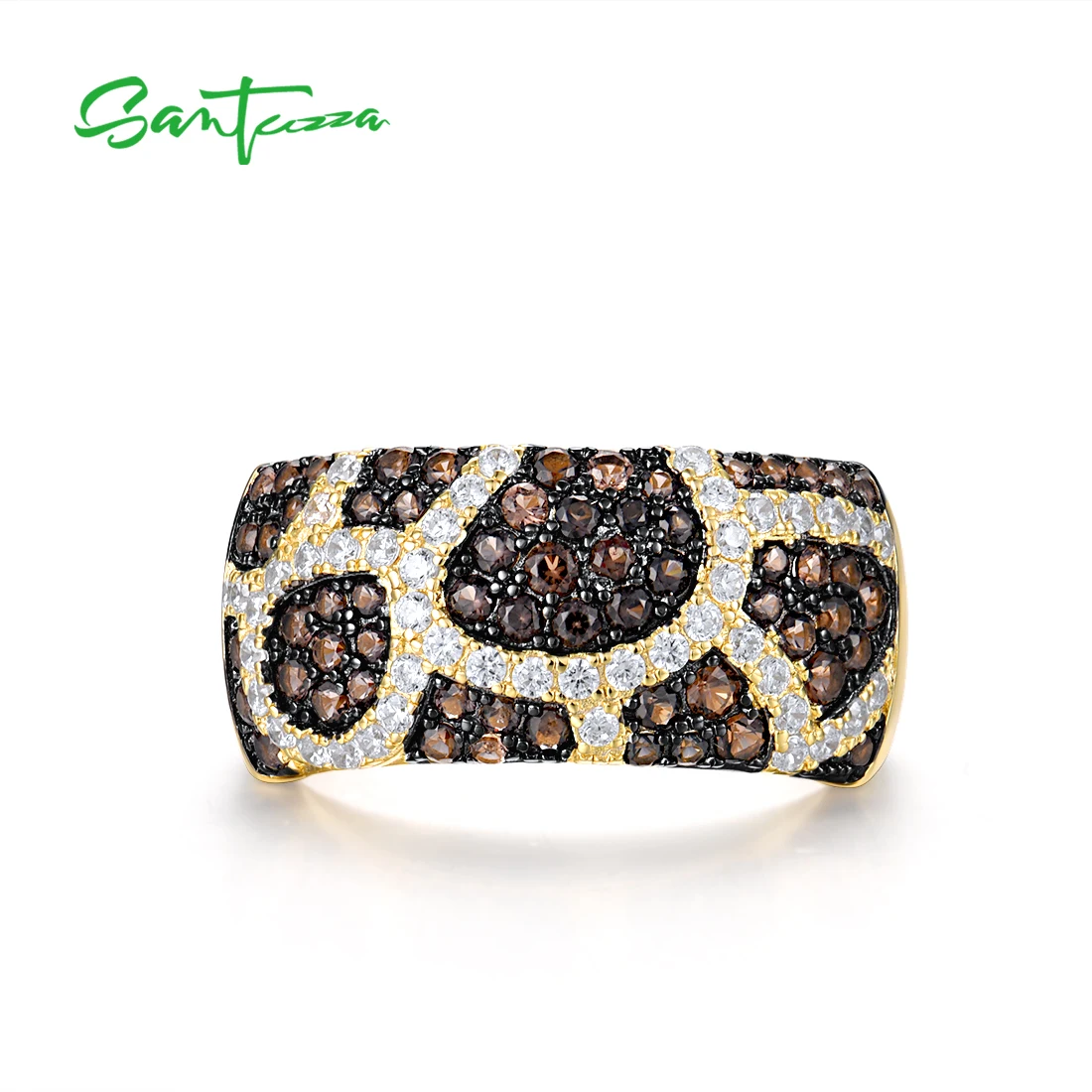 SANTUZZA Genuine 925 Sterling Silver Rings For Women Sparkling Brown Spinel White CZ Leopard Print Elegant Gift Fine Jewelry