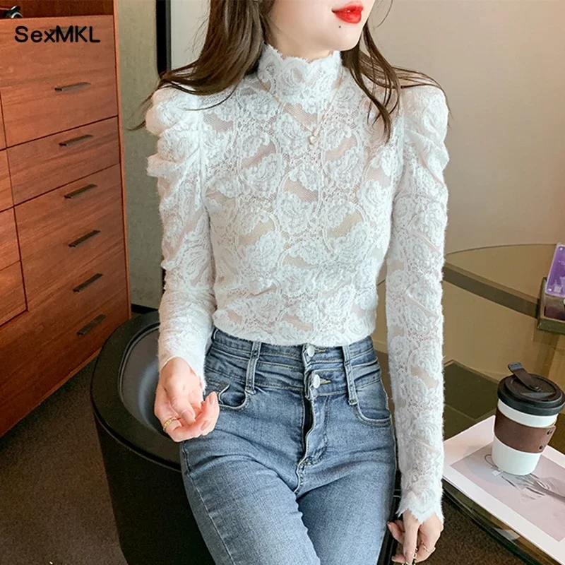 See Through Ladies Lace Tops 2024 Elegant Korean Fashion Clothing Streetwear Blusas Mujer Casual Basic White Balck Blouses y2k