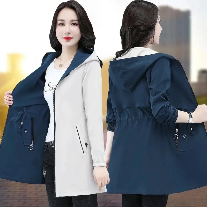 Double-Sided Trench Coat Women 2024 New Spring Autumn Clothes Hooded Large Size Long Windbreaker Jacket Female Outerwear Tops