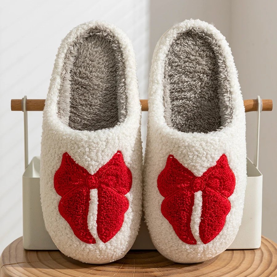 

Comfy Winter Indoor Casual Girl's Slippers Warm Bow Pattern Soft Sole Fashion Cute Women's Bedroom Anti-slip Fuzzy Home Shoes