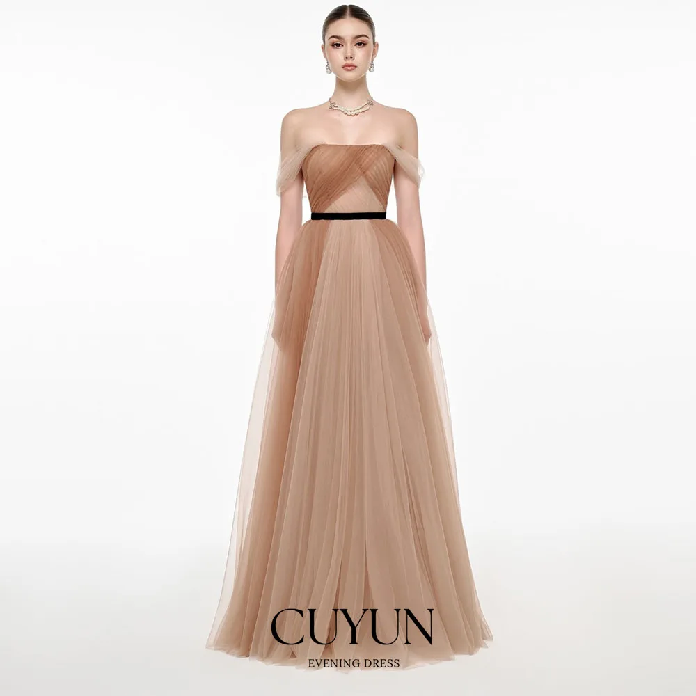 

CUYUN Coffee Elegant A Line Women Evening Gown Party Dresses Customized Soft Tulle Off the Shoulder Prom Dresses Corset Back