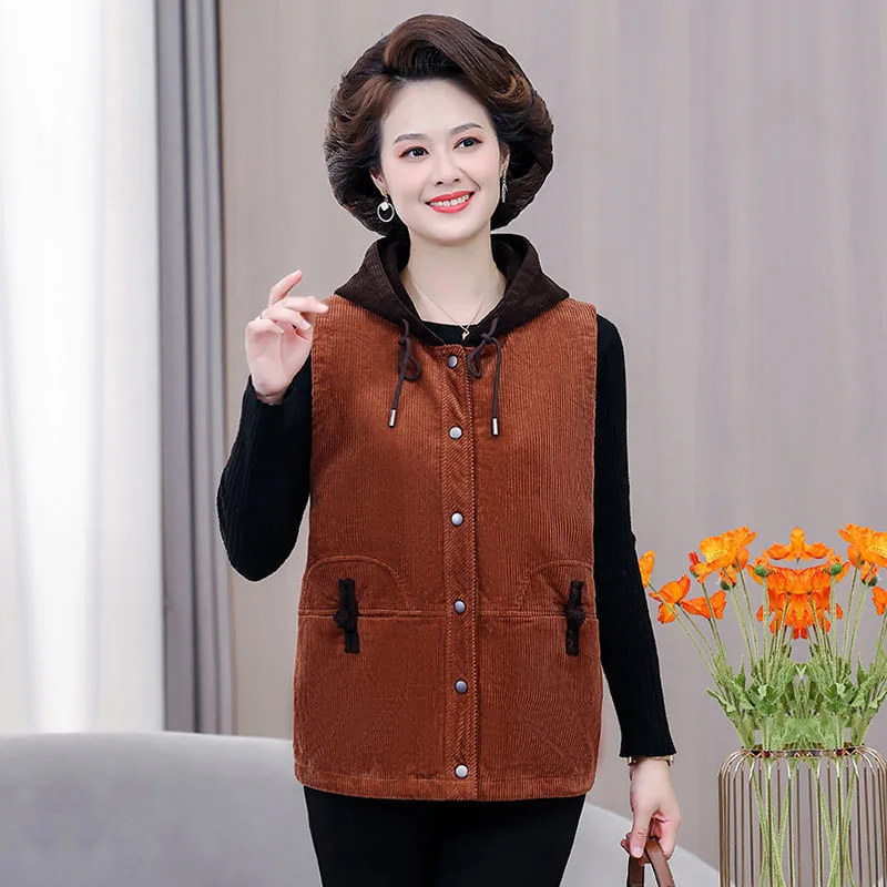 

New2022 Women Spring Autumn Corduroy Short Vest Coats Female Korean Middle Aged Loose Jacket Ladies Casual Coat Waistcoat Vest