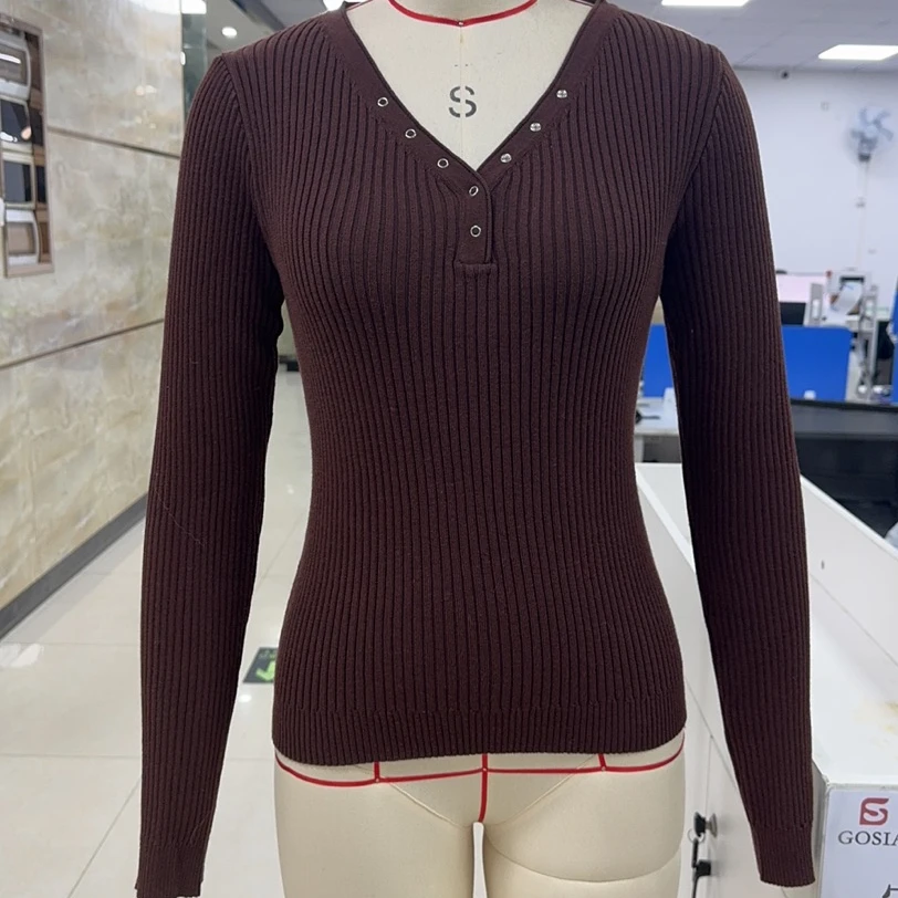 

Women Metal Hole Knit Tops Long Sleeve T-shirt V Neck Solid Slim Fit Fall Streetwear for Casual Daily