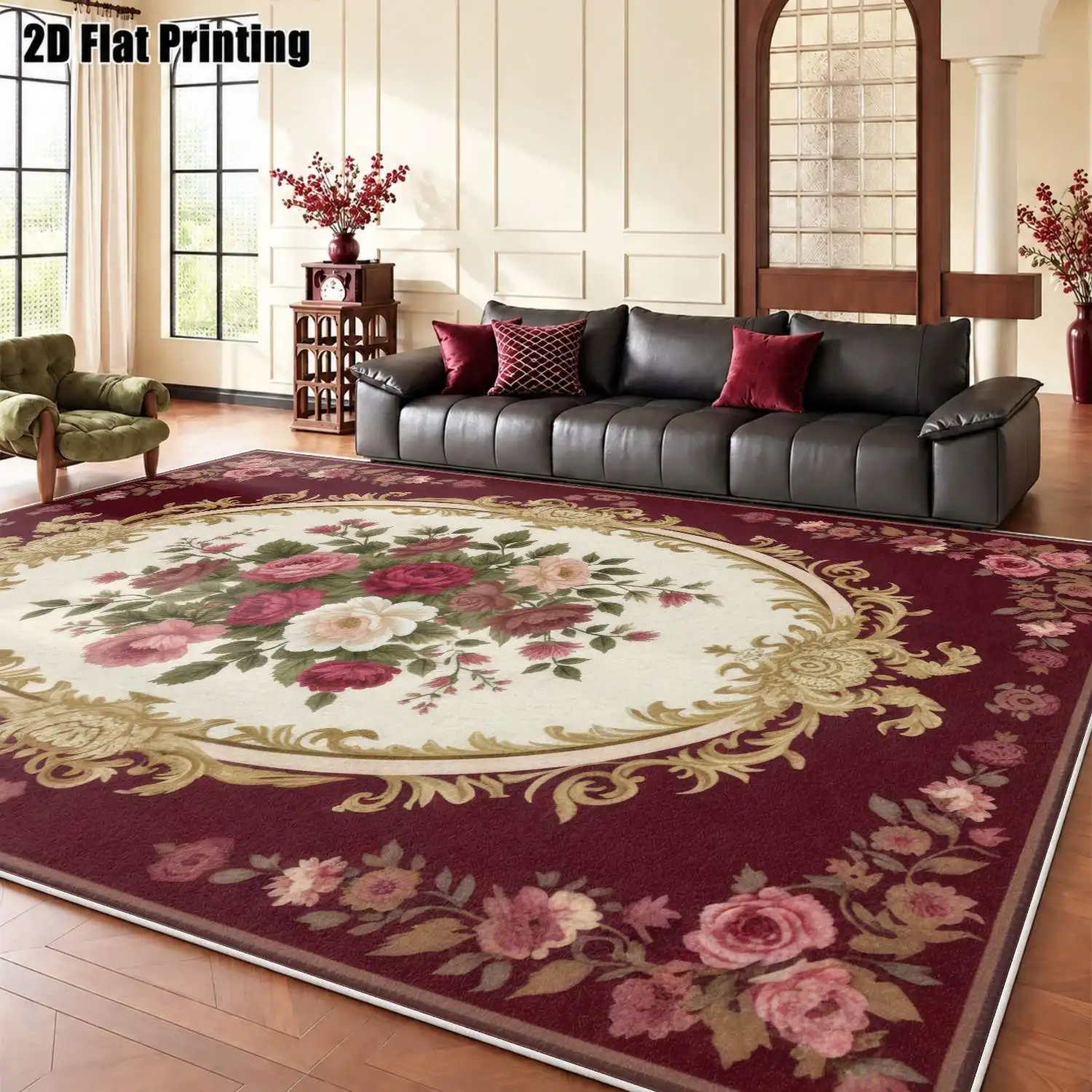 1Pc 2D Printed Velvet Carpet, Burgundy Base Pink Flower Pattern, Machine Washable, Multi-Size, Suitable for Home Decor & Multi-Scene Use