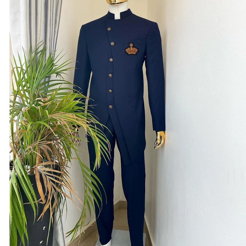 Traje de Safari con cuello levantado para hombre, chaqueta Formal de Triple capa, pantalones, esmoquin de boda personalizado, traje de novio africano, 2 piezas, 2023