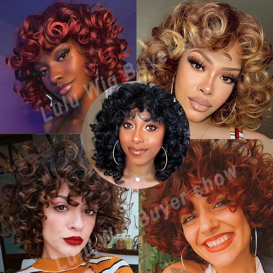 Short Curly Wigs for Black Women Soft Black to Red Big Curly Wig with Bangs Afro Loose Cute Curls Heat Resistant Synthetic Wig