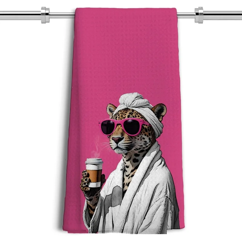 1pc Leopard in Bathrobe Coffee Printed Kitchen Towel, Soft Absorbent Hand Towel, Perfect for Bathroom, Kitchen,Coffee Lover Gift